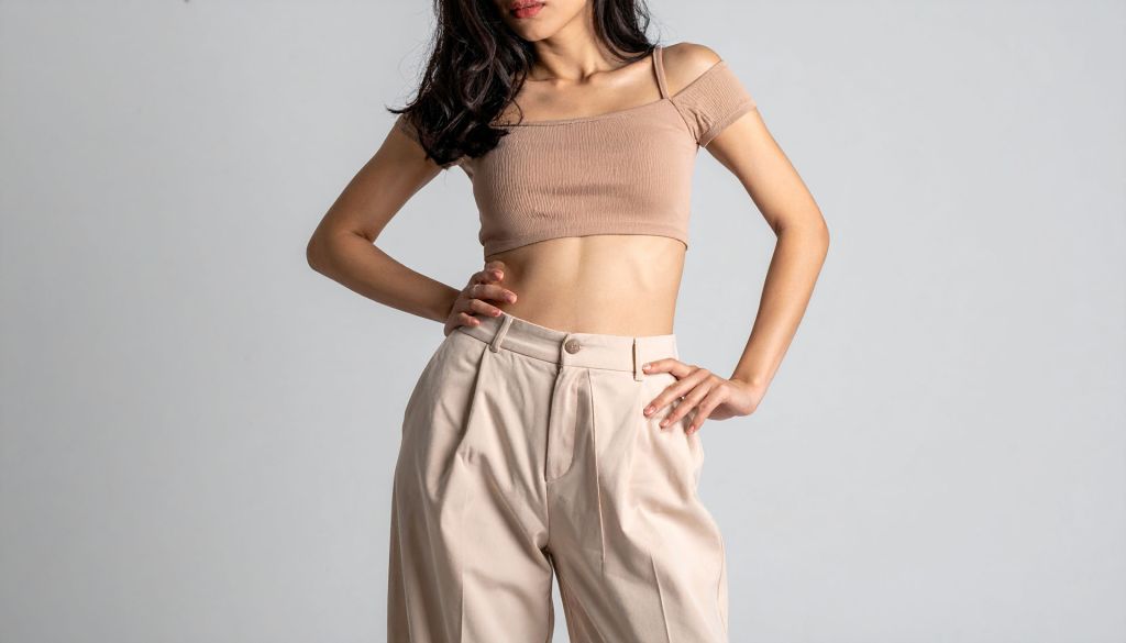 Crop topla yüksek bel pantolon giymiş bir model